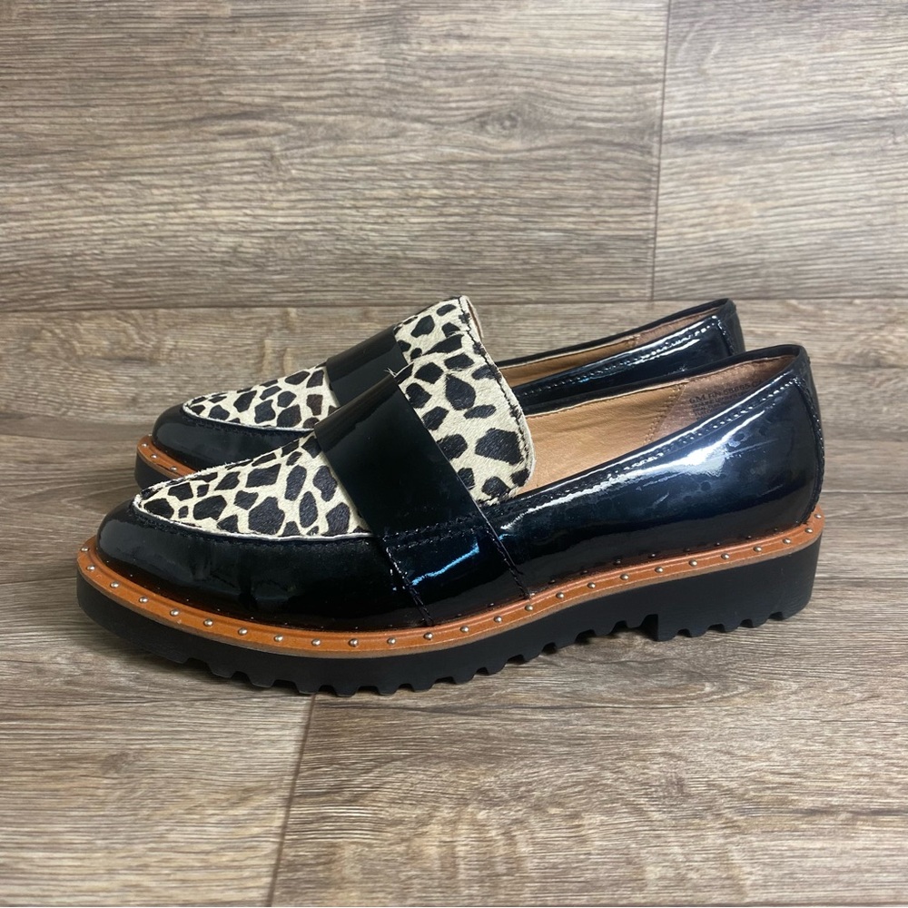 Halogen Leopard Calf Hair Chunky Studded Loafer Black Leather Animal Print W6